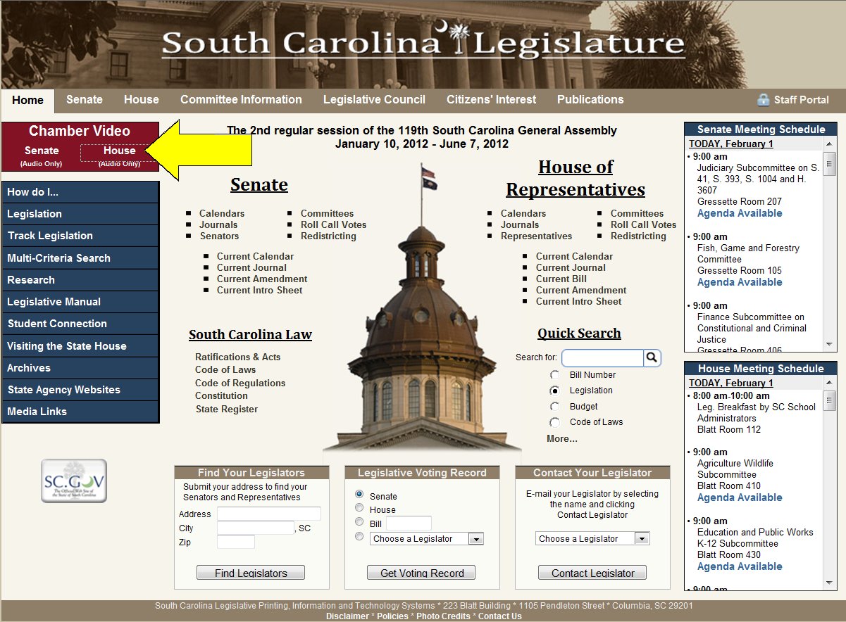 Snapshot of South Carolina Legislature Home Page with Pointer to House Chamber Video